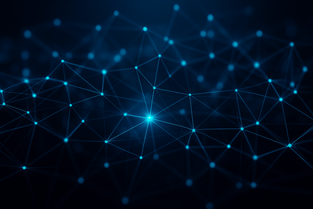 Glowing blue network nodes connected by lines on a dark background, symbolizing schema and AI data structures.